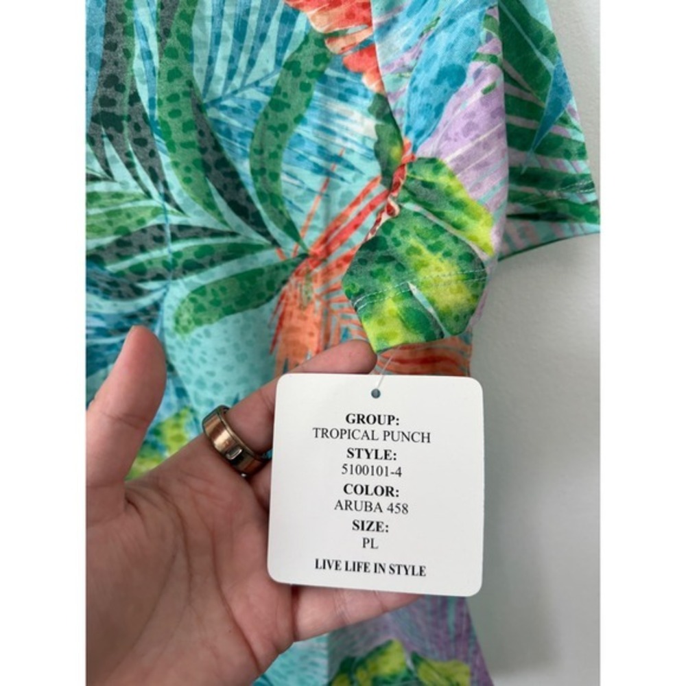 Onque Casual Tropical Floral Short Sleeve Top – Light Blue Women's Petite Large - Picture 4 of 5
